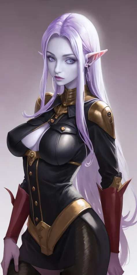 ((light purple skin)), girl elf, long ears, pointy ears, big breast, tall