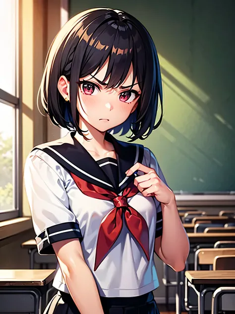 Masterpiece, best quality, high quality, very detailed CG uniform 8k wallpaper, sunlight, shiny hair, classroom, messy room, 1girl, solo, beautiful face, short hair, sailor uniform, angry, hateful expression, bully, envy, looking at viewer, upper body