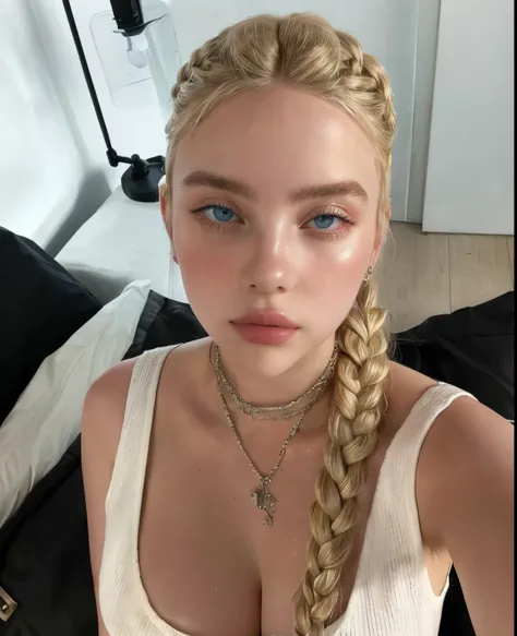 blonde woman with braided hair and a white blouse posing for a photo, face like exposed ester, Retrato de Sophie Mudd, blonde braids and blue eyes, Aleksandra Waliszewska, Dasha Taran, modelo do instagram, Yelena Belova, por Emma Andijewska, angelina strog...
