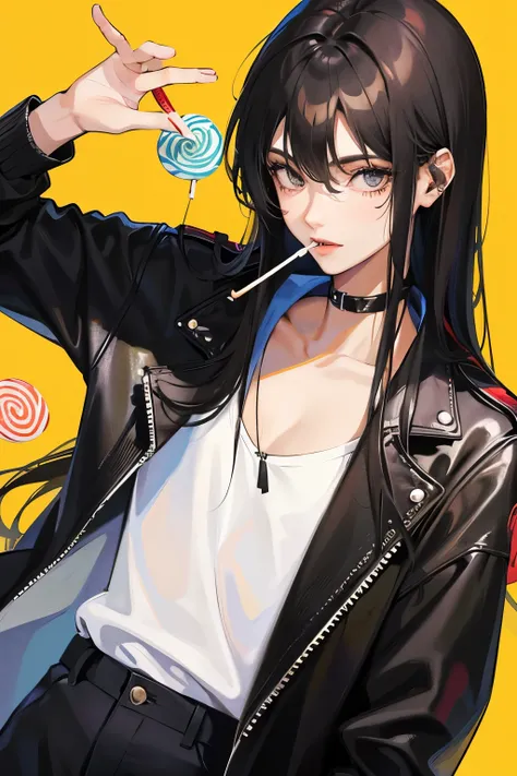 A man with long black hair and straight hair，Biting a lollipop