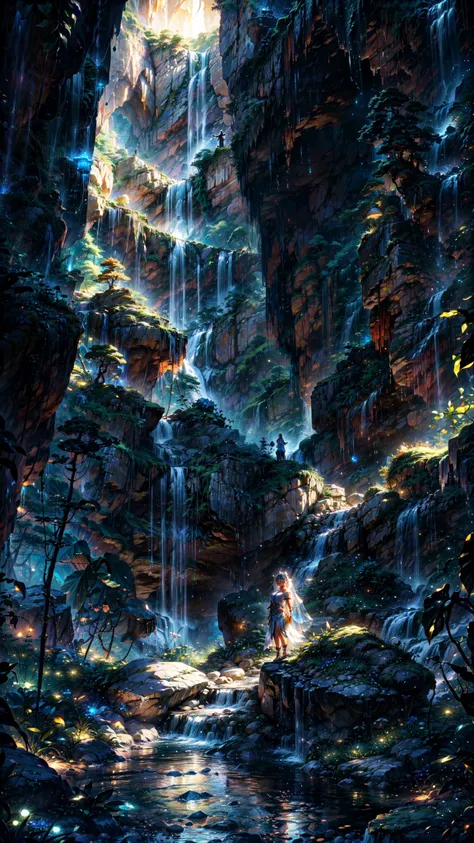 "A young girl, mesmerized by the stunning beauty of the Cave of Wonders, stands in the soft glow of the caves interior, her delicate features illuminated by the radiance of huge gemstones. The enchanting waterfalls cascade gracefully in the background, cre...