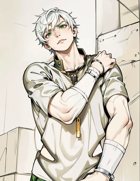 He is worried, a little scared, 17 year old young man, white hair, green eyes, golden jewelry, old green t-shirt.