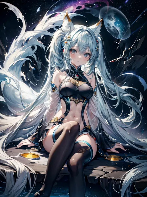  Miku Hatsune, agua&blanco, alta definicion, orejas de kitsune, tatuaje dorado, tatuaje tribal, vista cuerpo completo, patas hermosas,mirada intimidante, Ojos azules profundos, aura magica, kitsune espacial, mystical aura, mystical aura, cola larga y espon...