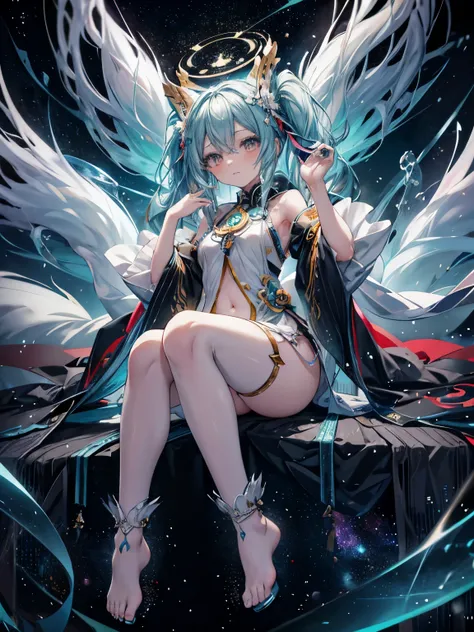  Miku Hatsune, agua&blanco, alta definicion, orejas de kitsune, tatuaje dorado, tatuaje tribal, vista cuerpo completo, patas hermosas,mirada intimidante, Ojos azules profundos, aura magica, kitsune espacial, mystical aura, mystical aura, cola larga y espon...