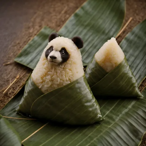 a panda-shaped zongzi, made of glutinous rice, has a cute expression, the lower half of the body is wrapped in tapered leaves, t...