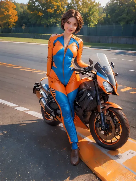 (masterpiece:1.3), (8k, Realistic, RAW Photos, highest quality:1.4), (Realistic face), ((Brown Hair, Very short hair:1.3)), Beautiful Hairstyles, Realistic eyes, Beautiful little blue eyes, (Realistic skin), (Beautiful Skin), ((((Orange racing suit)))), ch...