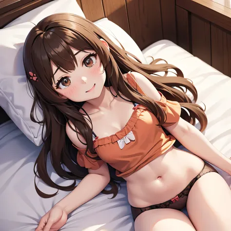 Brown long-haired。Im in bed。Im blushing。Looking from above。wearing underwear。Cute