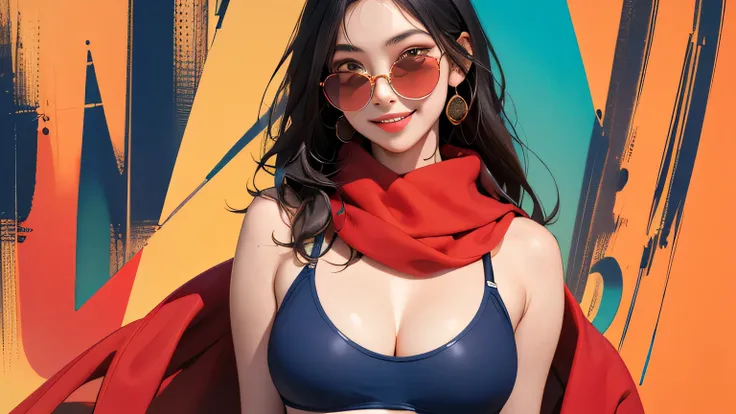 (masterpiece, best quality, 8k wallpaper, high resolution, ultra-realistic) Solo woman, Japanese girl, 18 years old, long hair, sunglasses, long red scarf around neck, (masterpiece: 1.2, best quality), (realistic, photorealistic: 1.4), (masterpiece, best q...