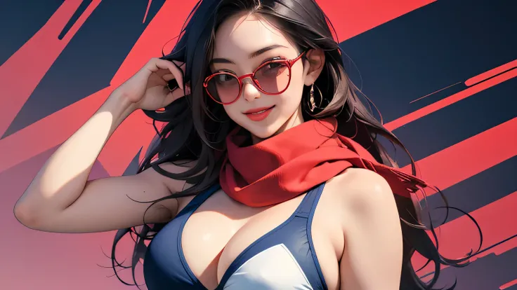 (masterpiece, best quality, 8k wallpaper, high resolution, ultra-realistic) Solo woman, Japanese girl, 18 years old, long hair, sunglasses, long red scarf around neck, (masterpiece: 1.2, best quality), (realistic, photorealistic: 1.4), (masterpiece, best q...