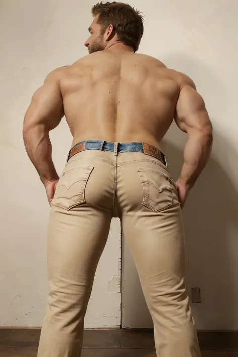 Award-winning original photoen, 30 years old man and wild muscular man, 40 years old, short beards, burly, hunk, wearing shirts, smilling happil, detailed, lovely, full body,  (((beige jeans))) (((backside))) (((bent over )))