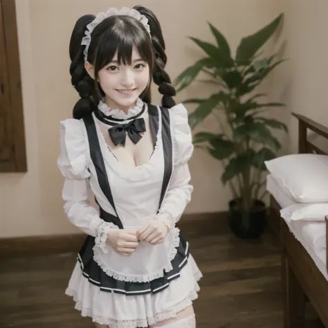 Cute face like an 18-year-old idol　Smiling Kindly　Japanese Gothic Lolita　Cosplay　Frills　Maid clothes　Cleavage　Slightly large bust　indoor　living　((Full body portrait))　RAW Photos　Genuine