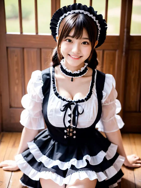 Cute face like an 18-year-old idol　Smiling Kindly　Japanese Gothic Lolita　Cosplay　Frills　Maid clothes　mini skirt　Cleavage　Slightly large bust　indoor　Western-style living room　((Full body portrait))　RAW Photos　Ultra-high resolution　Genuine　live-action　Realis...