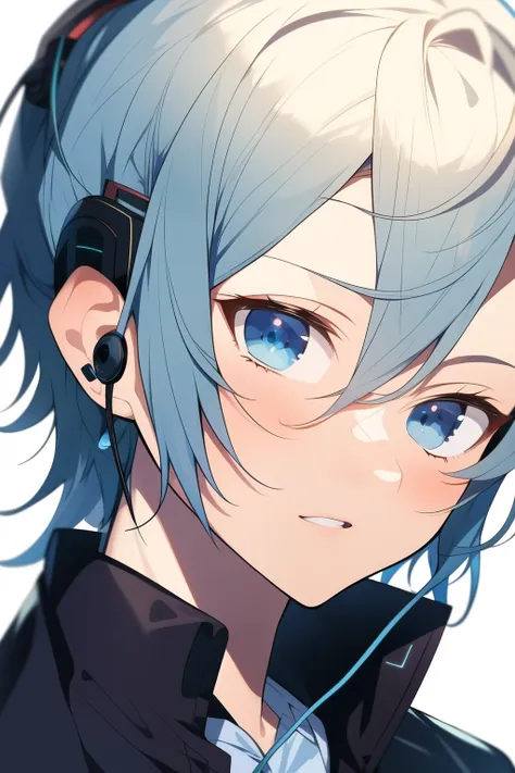 ((best quality)), ((masterpiece)), (detailed), perfect face,male,vocaloid,music,kid,blue eyes,earbuds in