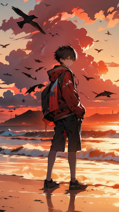 A lone teenager stands on a deserted beach at sunset. The sky is ablaze with fiery orange, red, and pink hues, reflecting on the dark blue ocean waves. The sand is a warm brown color, and a few white seabirds soar in the distance, fantasy world, dark backg...