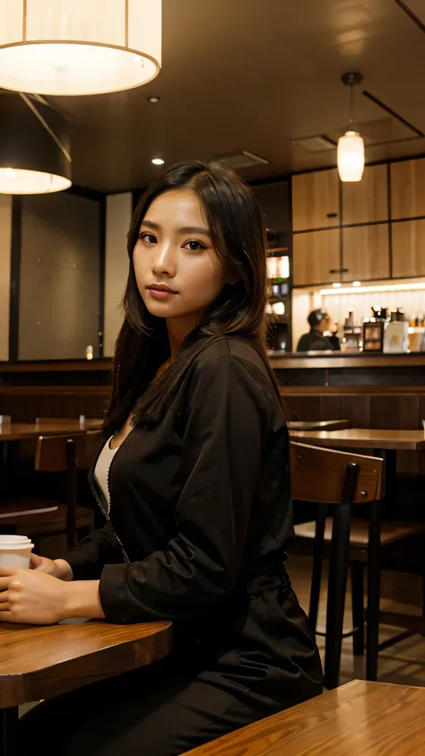 Taiwanese beauty，in restaurant，jumpsuit，Coffee on the table