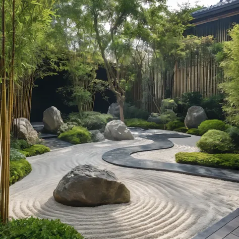 zengarden,aiaigroup, outdoors, garden,tree, , rock, stone, flower, daylight, japan style,bamboo,white sand