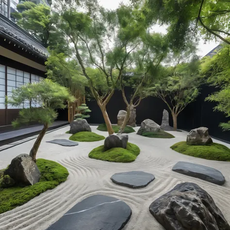 zengarden,aiaigroup, outdoors, garden,tree, , rock, stone, flower, daylight, japan style,bamboo,white sand