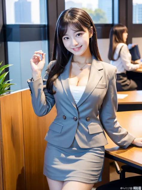 masterpiece、超High resolution、She is very cute and young like an idol..々A cute 18-year-old businesswoman、Gentle and cute、A kind smile、A business jacket that shows off cleavage、Medium Bust、Business Mini Skirt、Working in a building office　whole body、RAW Photo...