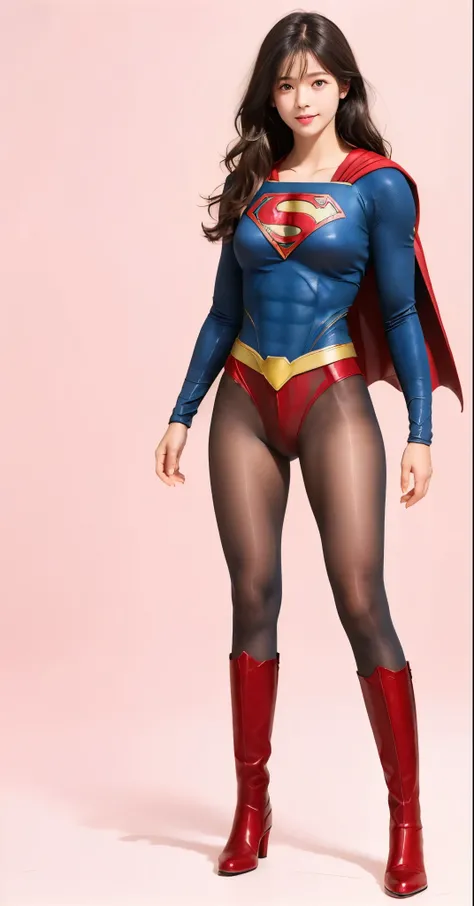 No background、(((Beautiful legs in black tights.)))、(((Legally express the beauty of your smile)))、((((Make the most of your original images)))、(((Supergirl Costume)))、(((Beautiful hairstyle)))、(((suffering)))、(((Please wear black tights....、Wear red boots...