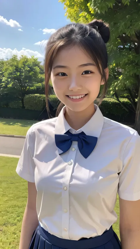 (masterpiece:1.2), Japanese, (18 years old), (((a girl))), hair bun, slender body, (school uniform), collared shirt, short sleeves, bow tie, outdoor, smiling, 