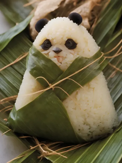 a panda-shaped zongzi, made of glutinous rice, has a cute expression, the lower half of the body is wrapped in tapered leaves, t...