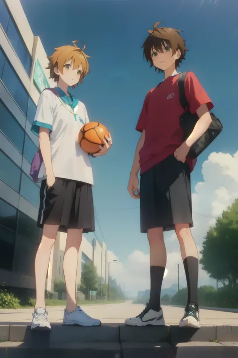 Standing with your legs apart、male、maleと女性、holding a ball、holding a balljuvenile、juvenile、holding a ballGirl、Girl