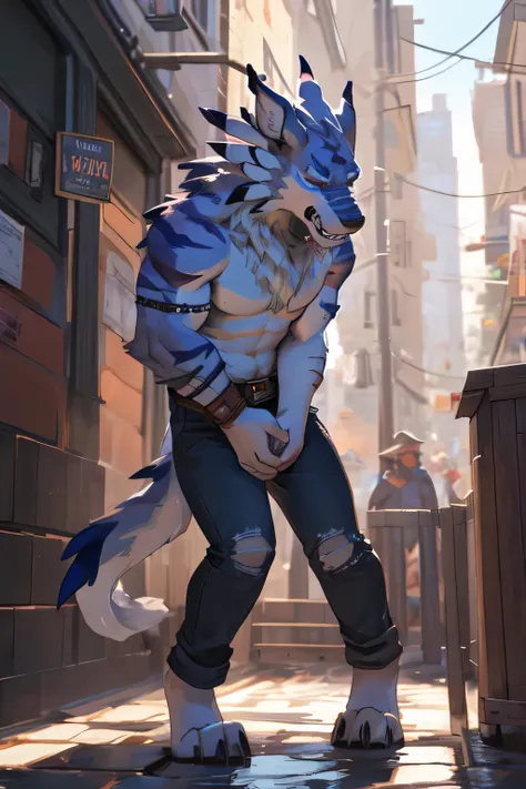 male, weregarurumon, solo, topless, jeans, omorashi, potty dance, full bladder, knock-kneed, holding crotch, holding crotch with both hands, painful expression, clenched teeth, hands between the crotch, screaming in pain, eyes closed, hands on crotch, in a...