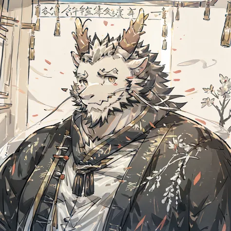 (white eastern dragon),furry,white mustache,big pecs,hearty males,muscular,black imperial robe,adult,traditional_chinese_room,head portrait