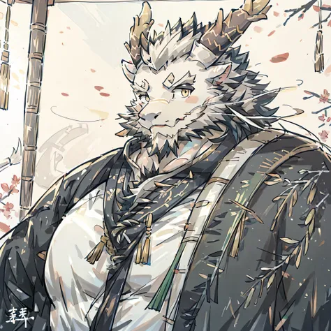 (white eastern dragon),furry,white mustache,big pecs,hearty males,muscular,black imperial robe,adult,traditional_chinese_room,head portrait