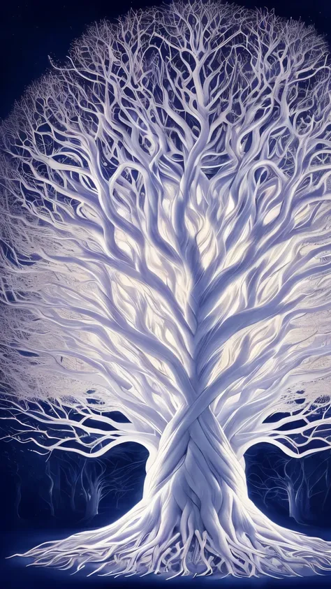 a white tree with a lot of branches in the middle of it, digital art by Johfra Bosschart, trending on cgsociety, fantasy art, magical tree, fantasy tree, glowing veins of white, magic tree, cosmic tree of life, cosmic tree, giant white tree, a beautiful tr...