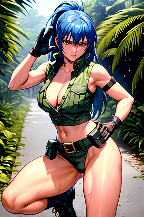 masterpiece, best quality, anime 1990s (style, leona heidern, sexy, naked, thong ,open vest., jungle, tactical, pony tail, serious, cammo, army, soldier, blue hair, warfare, war, wet, gloves, sexy pose, jungle girl, perfect hands, five fingers, long hair, ...