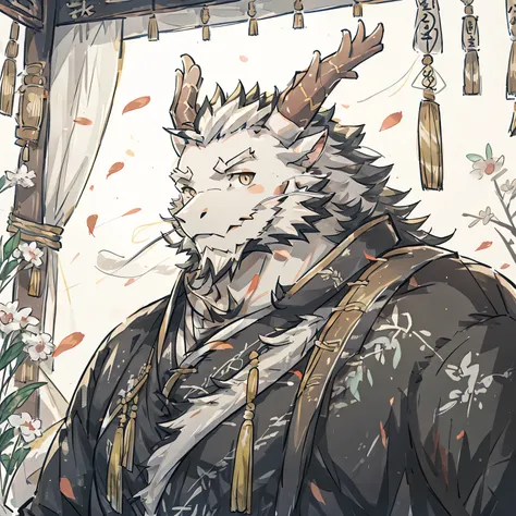 (white eastern dragon),furry,white mustache,big pecs,hearty males,muscular,black imperial robe,adult,traditional_chinese_room，he...