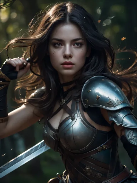 Beautiful and Exquisite female warrior, exquisite eyes, delicate lips, very detailed face and body, long black hair, (sword swinging: 1.4), (motion blur effect to express the movement of the female warrior: 1.6), wearing armor, against the background of a ...