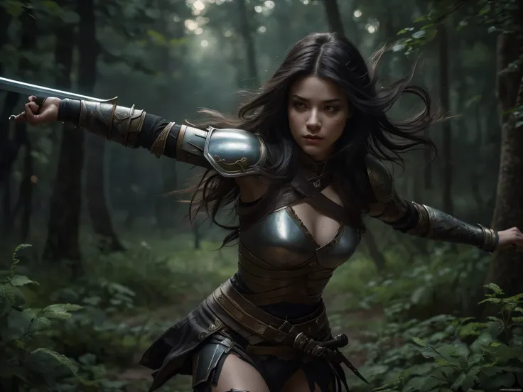 Beautiful and Exquisite female warrior, exquisite eyes, delicate lips, very detailed face and body, long black hair, (sword swinging: 1.4), (motion blur effect to express the movement of the female warrior: 1.6), wearing armor, against the background of a ...