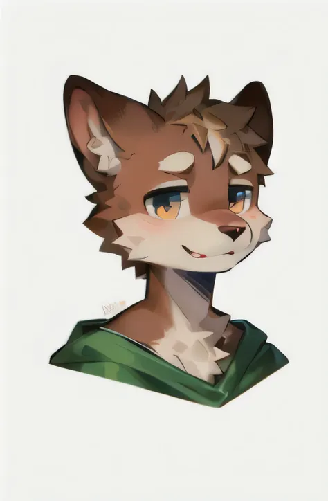 A full-body furry boy with soft, brown and beige fur, wearing casual human clothing. He has expressive, detailed eyes and a fluffy tail. Two heads with different expressions: one joyful with a bright smile, and the other curious with raised eyebrows. High ...