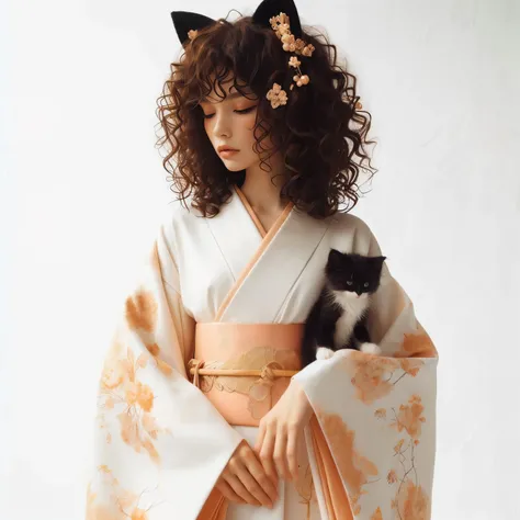 Tall Japanese girl curly hair in all white kimono, with hints of peach, black cat ears, small black and white cat, full body shot, white background, 8k resolution, in the style of da vinci,golden kimono