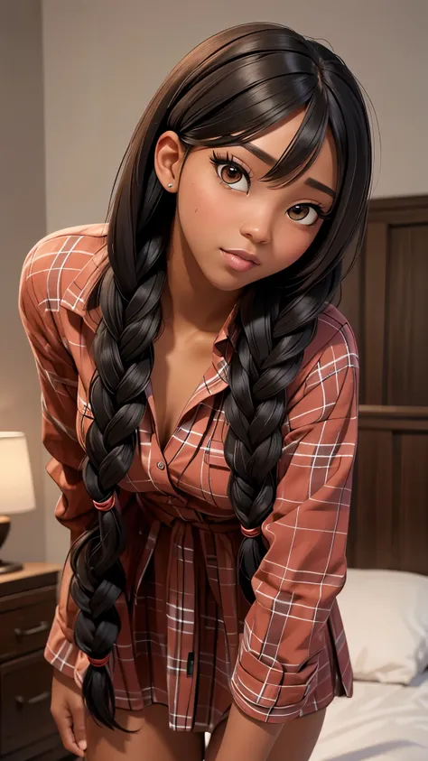 (masterpiece, best quality), deep ebony 1girl, beautiful face, freely hanging braids, red checks.