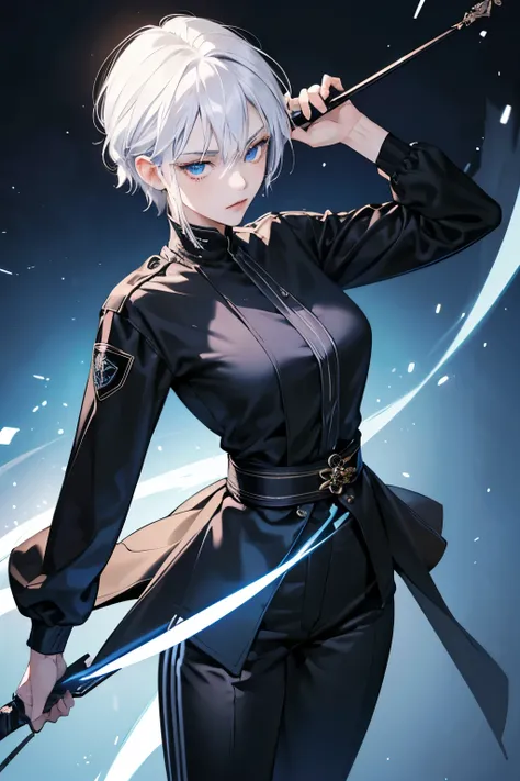 Best quality, detailed face

A tall slender young Japanese woman with white hair, glowing blue eyes, and a sharpe face
Wearing a black compression shirt with baggy white pants
Her name is Gojir saturi

