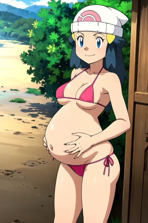 masterpiece, best quality, highres, 1girl, solo, dawn (pokemon), outdoors, bare shoulders, smile, playa, fondo de playa, sonrisa, bikini, microbikini, micro bikini, pink bikini, pregnant, embarazada, vientre de embarazo, barriga de embarazada. 