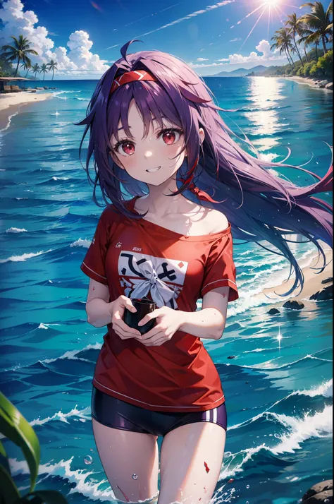 yuukikonno, Konno Yuuki, hair band, Long Hair, Pointed Ears, Purple Hair, (Red eyes:1.5), (Small breasts:1.2), Grin,smile,Purple bikini swimsuit,oversized red t-shirt,barefoot,Palm tree,Holding a swim ring in his right arm,Palm tree,True Summer,whole bodyが...