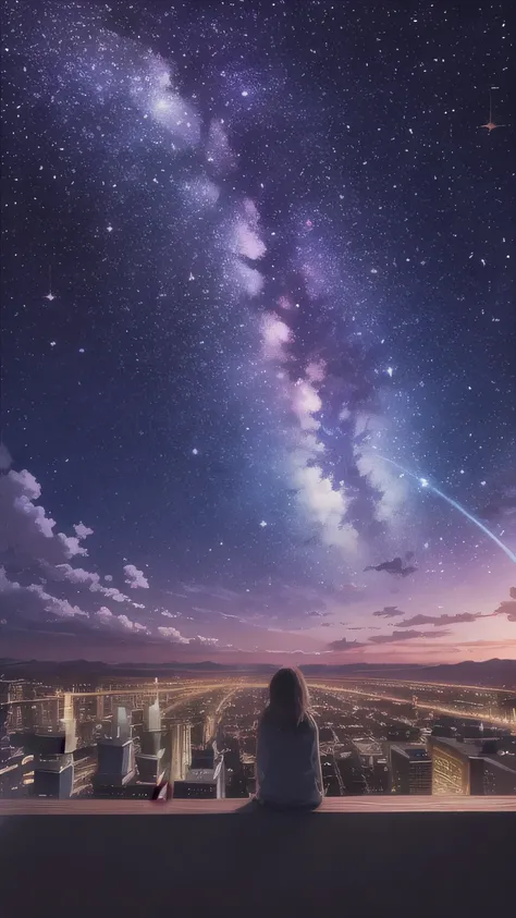 Octane, null, star (null), scenery, starry null, night, One girl, night null, alone, Outdoor, sign, building, cloud, milky way, Sitting, wood, Long Hair, city, silhouette, cityscape