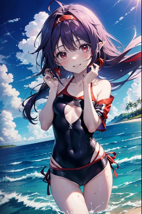 yuukikonno, Konno Yuuki, hair band, Long Hair, Pointed Ears, Purple Hair, (Red eyes:1.5), (Small breasts:1.2), Grin,smile,Purple bikini swimsuit,oversized red t-shirt,One Shoulder,barefoot,Palm tree,Holding a swim ring in his right arm,Palm tree,True Summe...