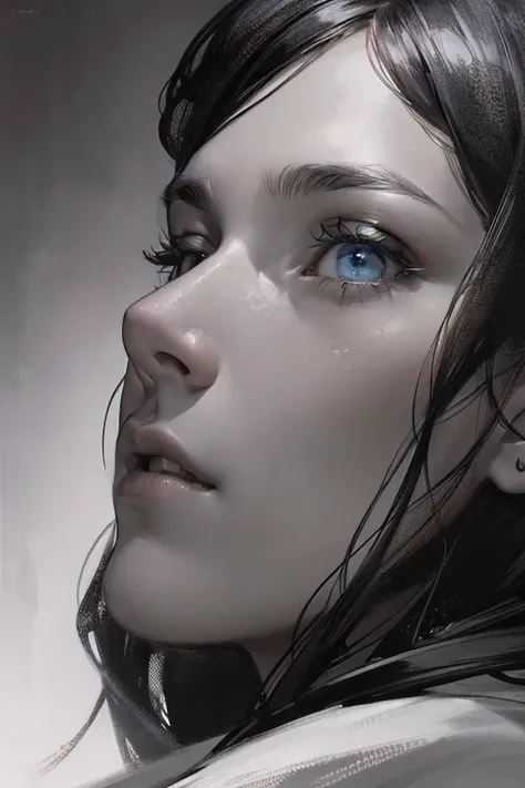 Create a magnificent piece of realistic conceptual art that explores the depth of human emotion through a detailed zoom in on a characters face. The work must be rich in details, capturing the complexity of facial expressions and the intensity of the chara...