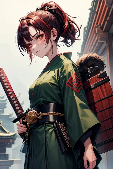 Detailed face
A 18 year old girl in a dark green and black checkered kimono 
with a katana, 
She has a wooden box on her back
He has dark red hair and a red scar on his forehead, 
he has bright eyes and a kind face with a  sharpe nose.
With a fire tattoo o...