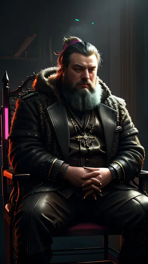 (сyberpunk style), neon, (Mark Addy) as Robert Baratheon, a сyberpunk president, long сyberpunk beard, сyberpunk president tuxedo, sitting, in the president сyberpunk office, (1man), (solo), (full body view), beautiful detailed glow, detailed, cinematic li...