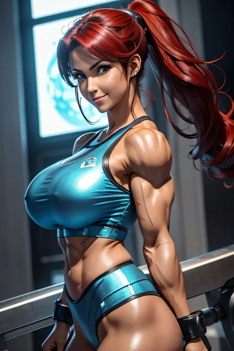 Aqua Blue Eyes:1.6，Arabian woman in shiny silver clothing taking a photo, Red Hair、Gym Chun-Li, Muscular sweat lara croft, Muscular girl, Photorealistic perfect body, Tifa lockhart, Muscular!! Science fiction, Perfect body with realistic shading, Tifa, by ...