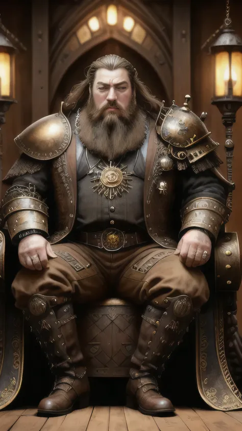 steampunkai, (Mark Addy) as Robert Baratheon, a steampunk king, long steampunk beard, yellow and brown steampunk king armor, steampunk crown, steampunk boots, sitting, on the steampunk throne, Game of Thrones, (1man), (solo), (full body view), beautiful de...