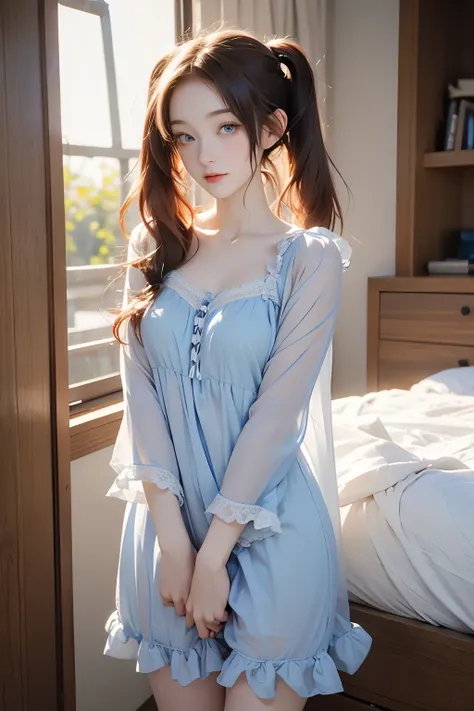 cute redhead woman 25 years old, happy, in twin tails, perfect blue eyes, pale gothic skin, silky smooth skin, wearing a pastel blue (sheer) nightgown, frilly nightgown, cute white panties and bra underneath her sheer Nightgown, standing in a spaceship.