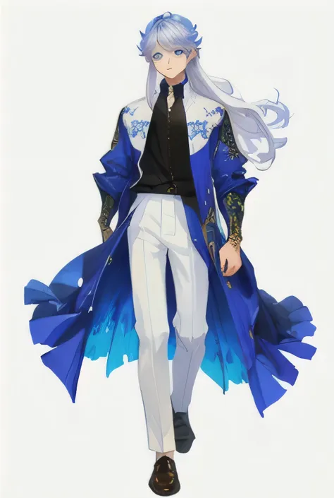 boy, anthro, kemono:1.3),, (best quality, masterpiece, illustration, ultra-detailed:1.3), (white background:1.5), (full body, standing), 1boy, solo full body, head with expression on, long hair, (high clothes), (looking at viewer:1.3), loafers, blue eyes, ...