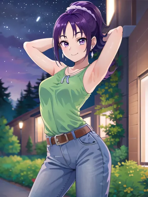 green shirt, earrings, necklace, white scrunchie, high ponytail, belt, jeans, brown sneakers, purple socks, mishoumai, 1girl, solo, looking at viewer, solo, night sky, forest, arms behind head, contrapposto, spread armpits, closed mouth, smile, (cowboy sho...